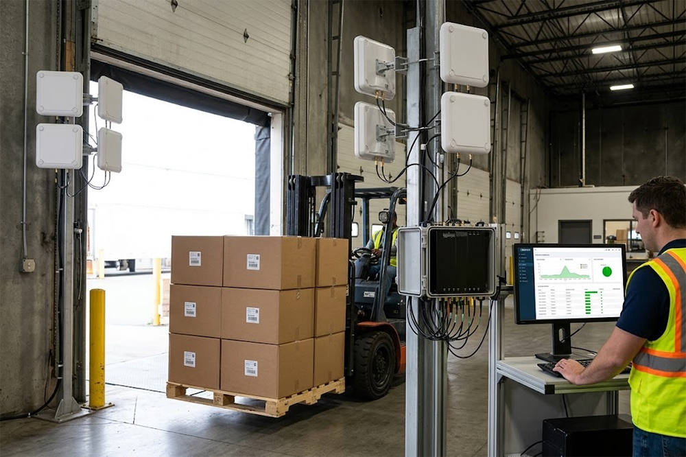 Long range RFID reader identifying tagged pallets at warehouse receiving