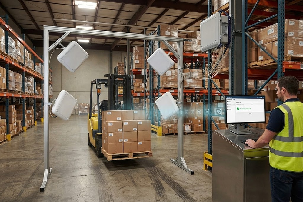 UHF RFID reader tracking pallets moving through a warehouse