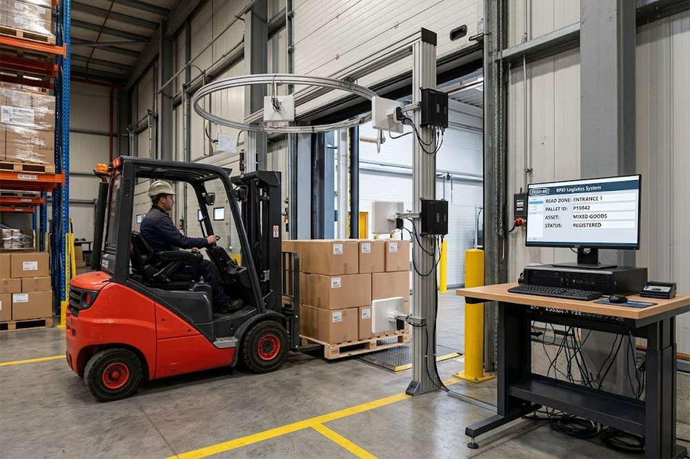 Long Range RFID Scanner for Logistics: Tracking Pallets, Containers, and Shipments 1 UHF RFID reader tracking pallets in a logistics warehouse