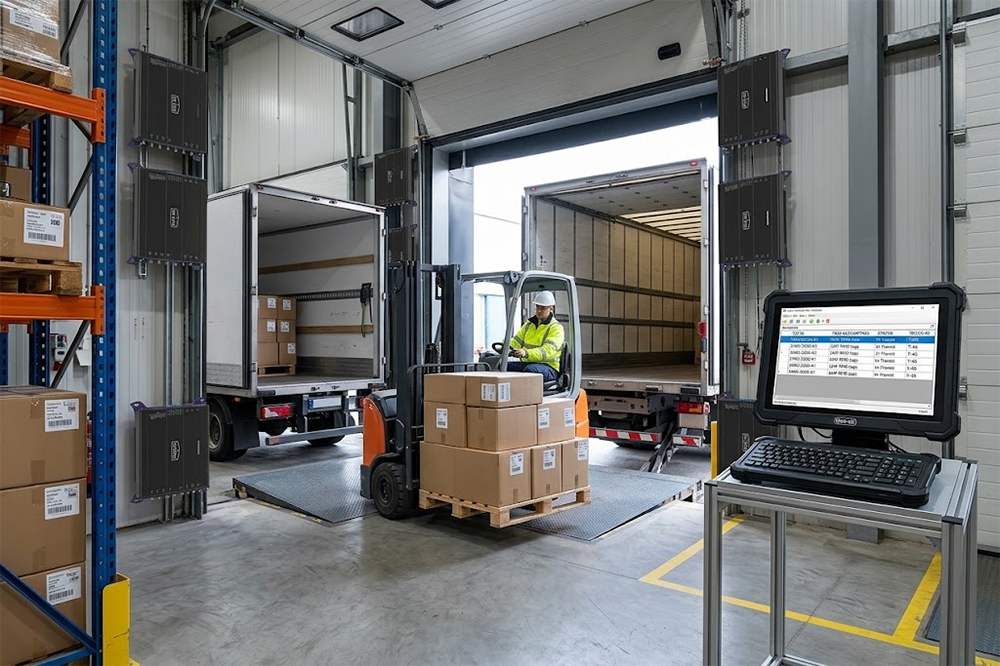 Long Range RFID Scanner for Logistics: Tracking Pallets, Containers, and Shipments 2 Long range RFID scanner monitoring tagged pallets at a truck loading dock