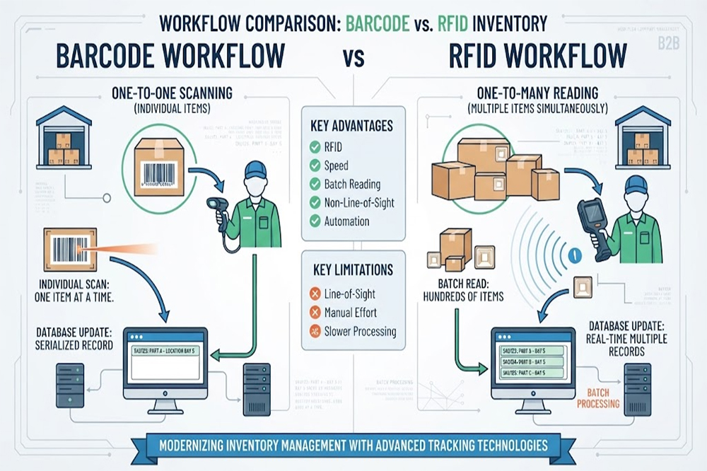 Long Range RFID Scanner vs. Barcode Scanner: Which Is Better for Warehouse and Logistics? 3 RFID versus barcode scanning workflow for warehouse inventory