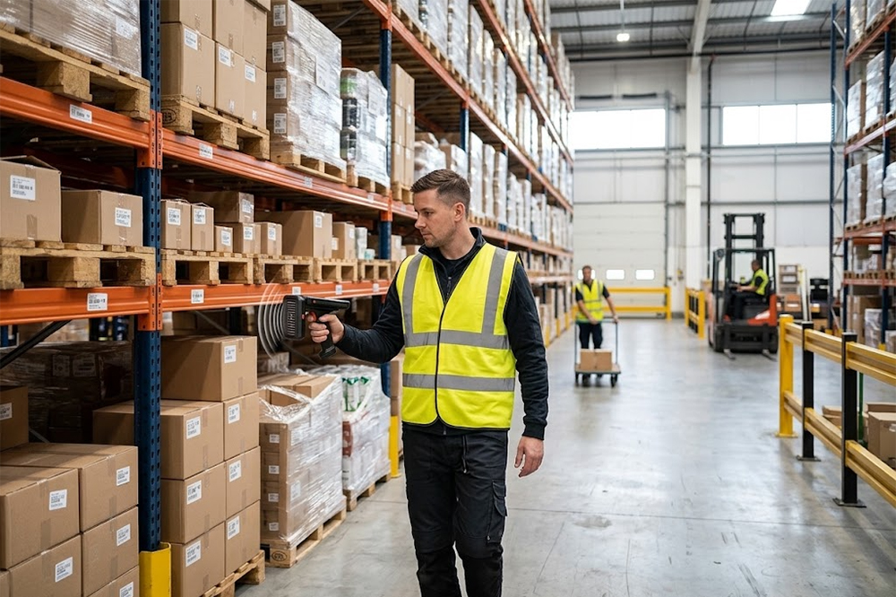 RFID Reader for Warehouse Inventory: How It Makes Stock Counting Easier 1 Warehouse worker using handheld RFID reader for inventory counting