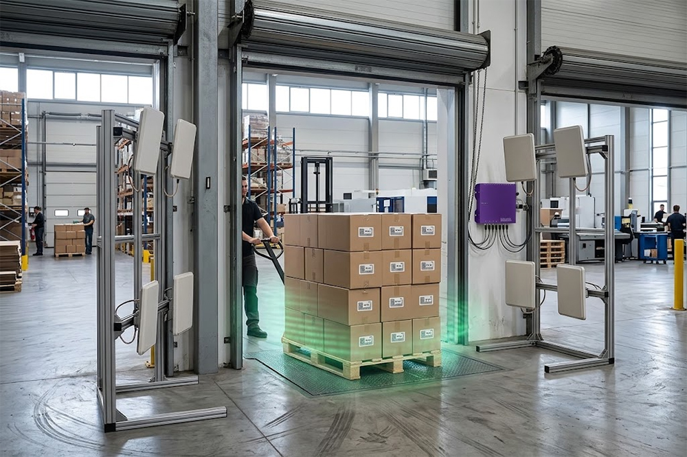 RFID Reader for Warehouse Inventory: How It Makes Stock Counting Easier 2 Fixed RFID reader and antennas installed at warehouse shipping door