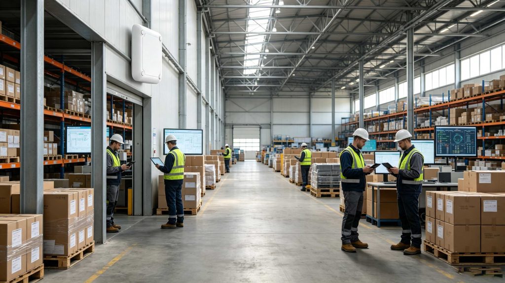 what is a rfid system: Complete Guide to RFID Technology and Applications 1 RFID system with fixed readers tracking tagged products in a modern European warehouse