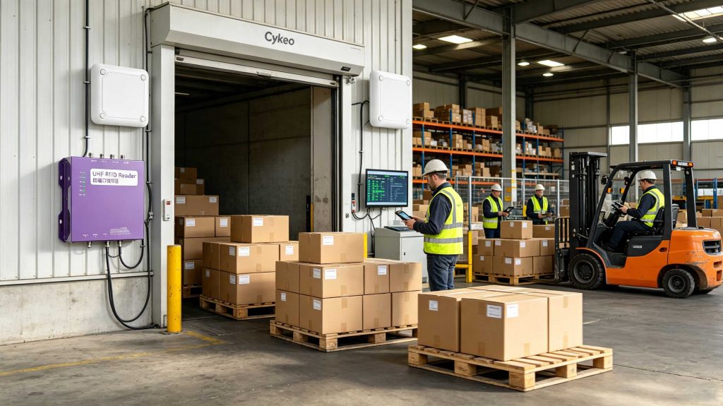 UHF RFID tracking reader detecting multiple tagged cartons at a warehouse receiving entrance