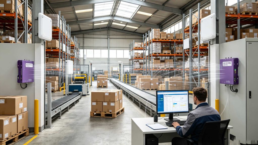 What Is RFID Technology and How Does It Work? 1 RFID technology showing UHF RFID tags communicating with readers in a warehouse