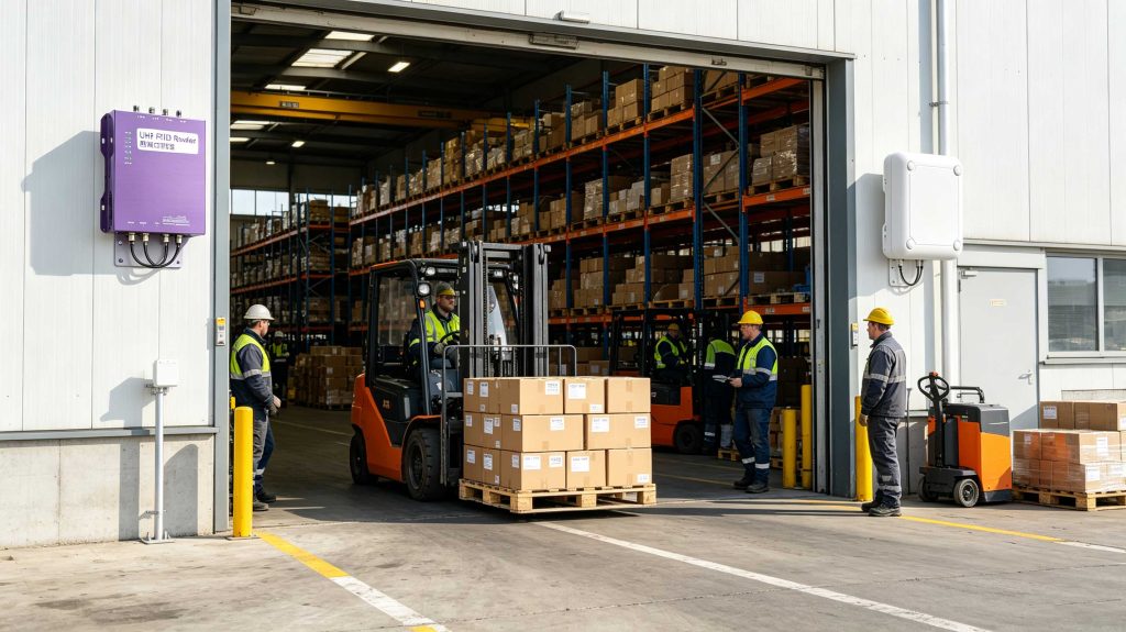 Fixed UHF RFID reader automatically detecting tagged pallets at a European warehouse receiving dock