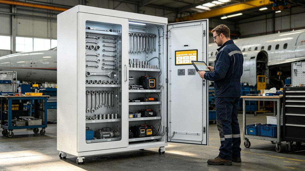 UHF RFID antennas installed inside a steel tool cabinet for automated inventory