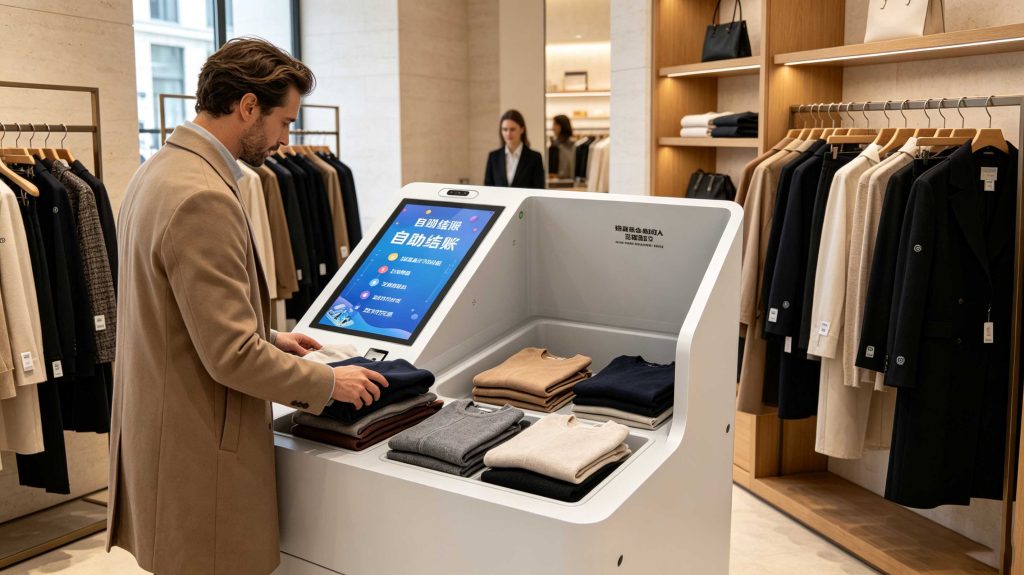 RFID self-checkout station reading multiple tagged garments in a European clothing store