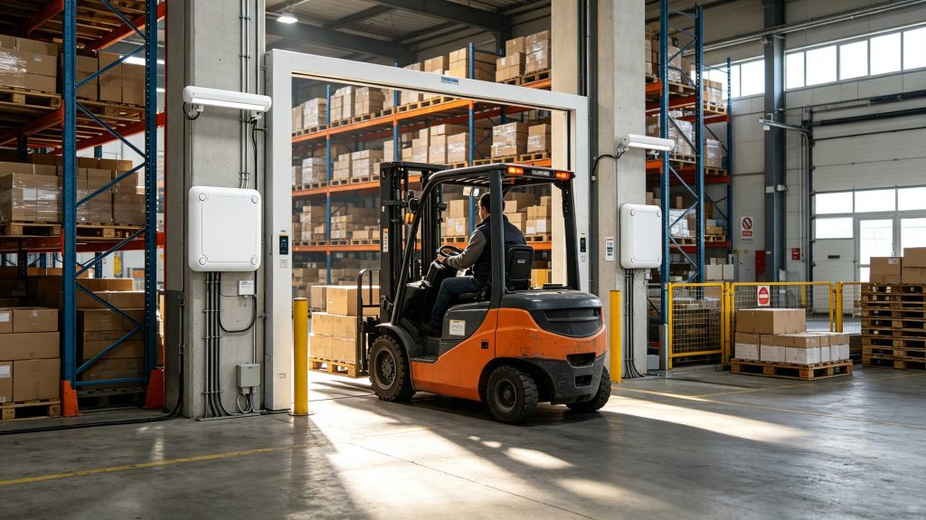 Industrial forklift passing through a UHF RFID tracking checkpoint in a European warehouse