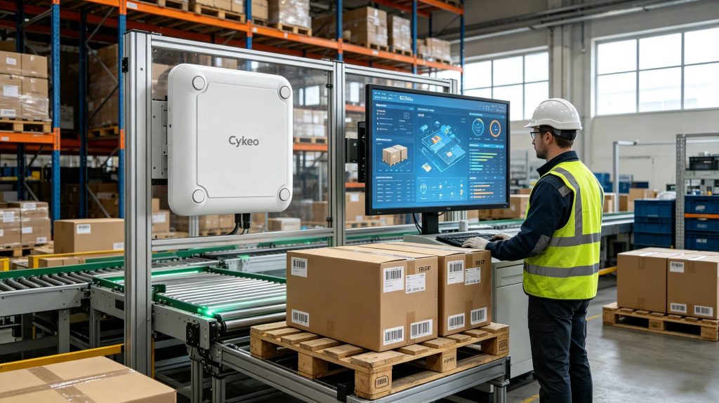 Cykeo RFID reader scanning multiple RFID tagged products in a European smart warehouse
