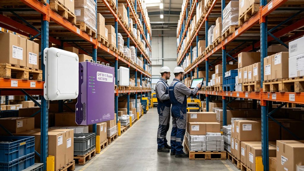 How to Read RFID: Complete Guide to RFID Tag Reading Technology 1 Industrial RFID reader detecting multiple tagged products in a European warehouse