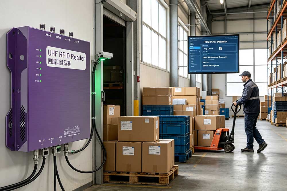 What Does “Tracking” Mean in an RFID System? 1 UHF RFID reader detecting tagged inventory at a European warehouse doorway