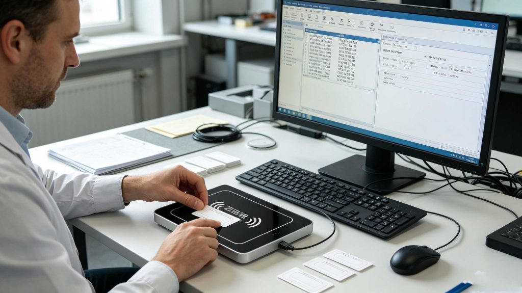 RFID tag being programmed with a compact desktop RFID reader in a European workstation