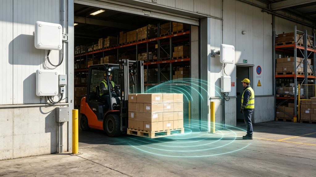 Fixed RFID scanner reading tagged pallets at a European warehouse portal