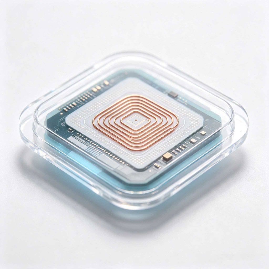 Internal structure of an RFID tag showing chip antenna and protective layer