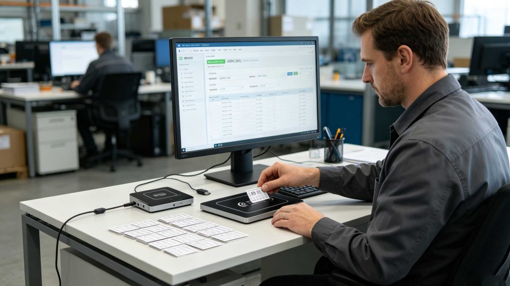 Compact UHF RFID desktop reader writing tags on a European workstation