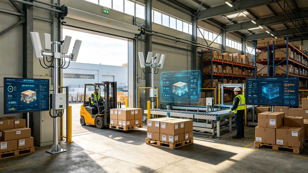 UHF RFID antennas installed in a European warehouse for automatic inventory tracking