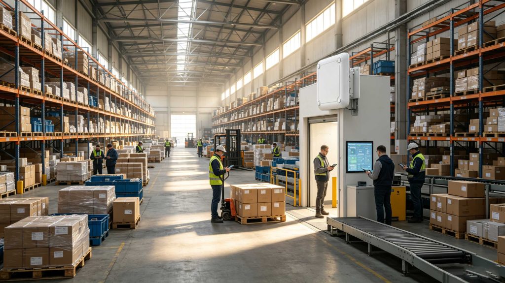 What Is RFID and How Does It Work: Complete Guide to Radio Frequency Identification 1 RFID readers identifying tagged products in a European smart warehouse