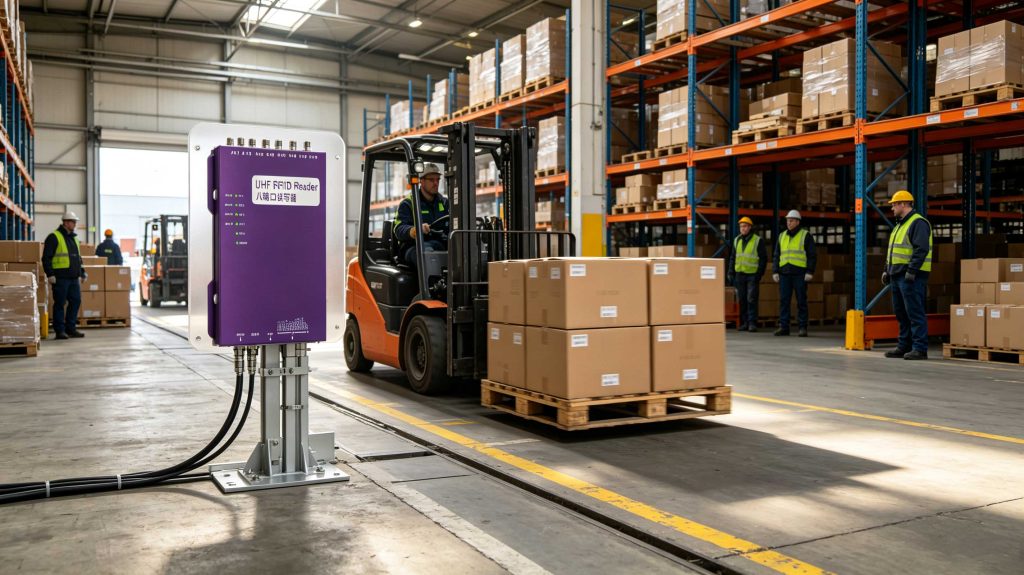UHF RFID reader communicating with passive RFID tags on warehouse cartons