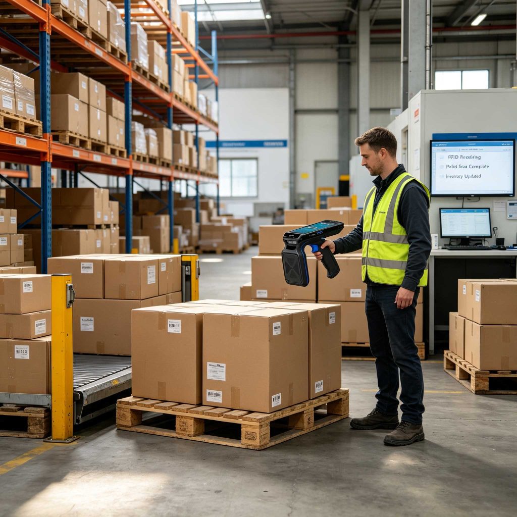 Where Are RFID Tags Used? 2 RFID tagged cartons and pallets being identified in a European warehouse