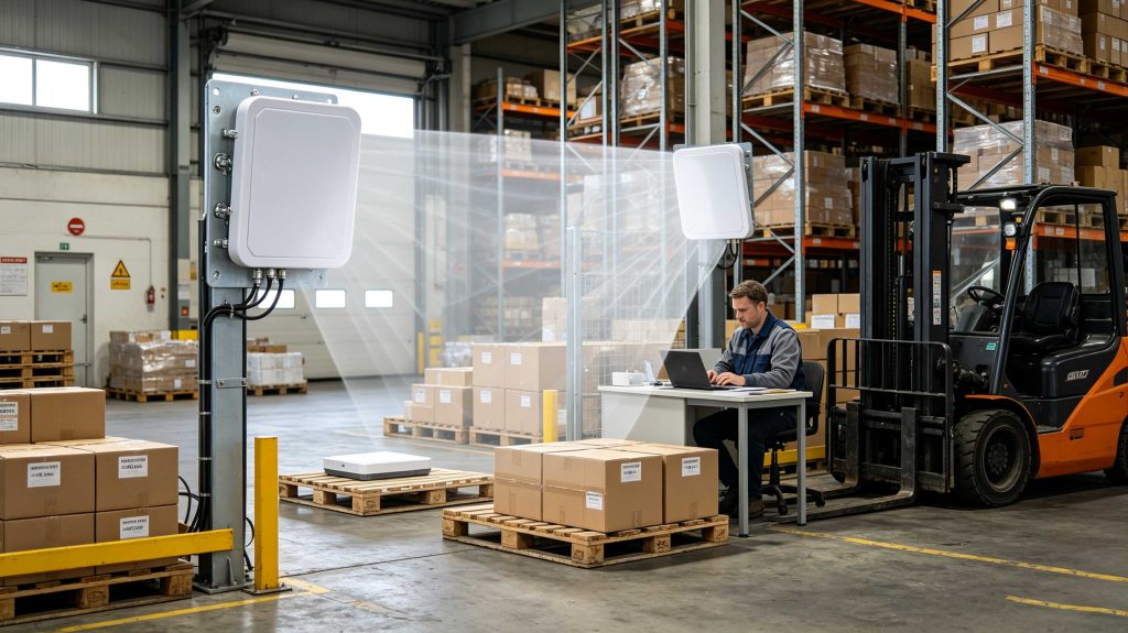 Fixed UHF RFID reader detecting tagged pallets in a warehouse