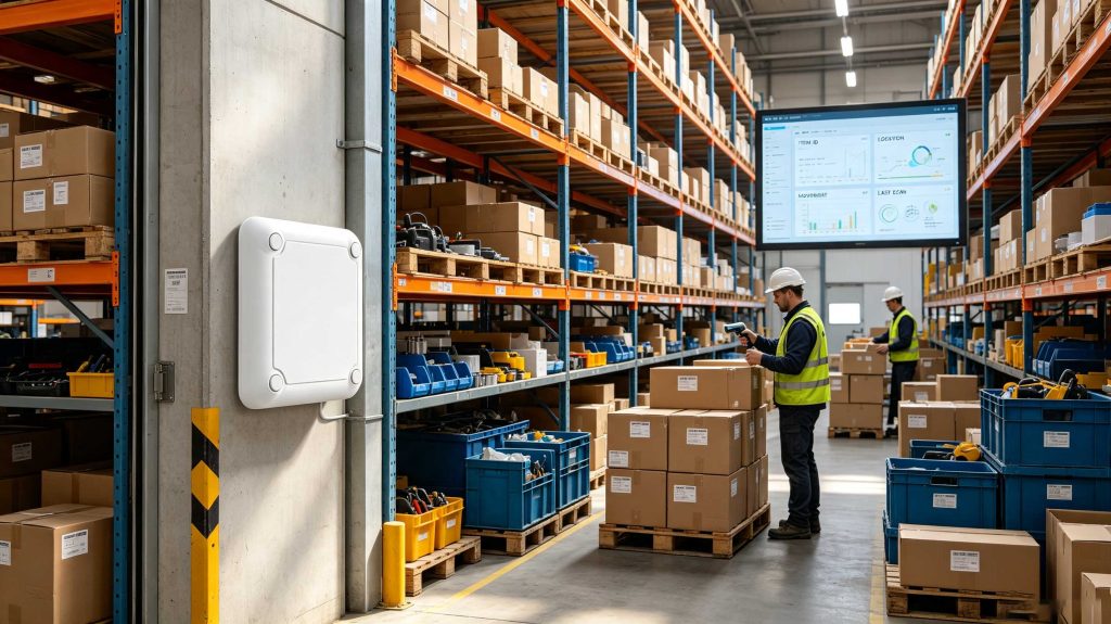 RFID tags tracking inventory through warehouse RFID reader zones