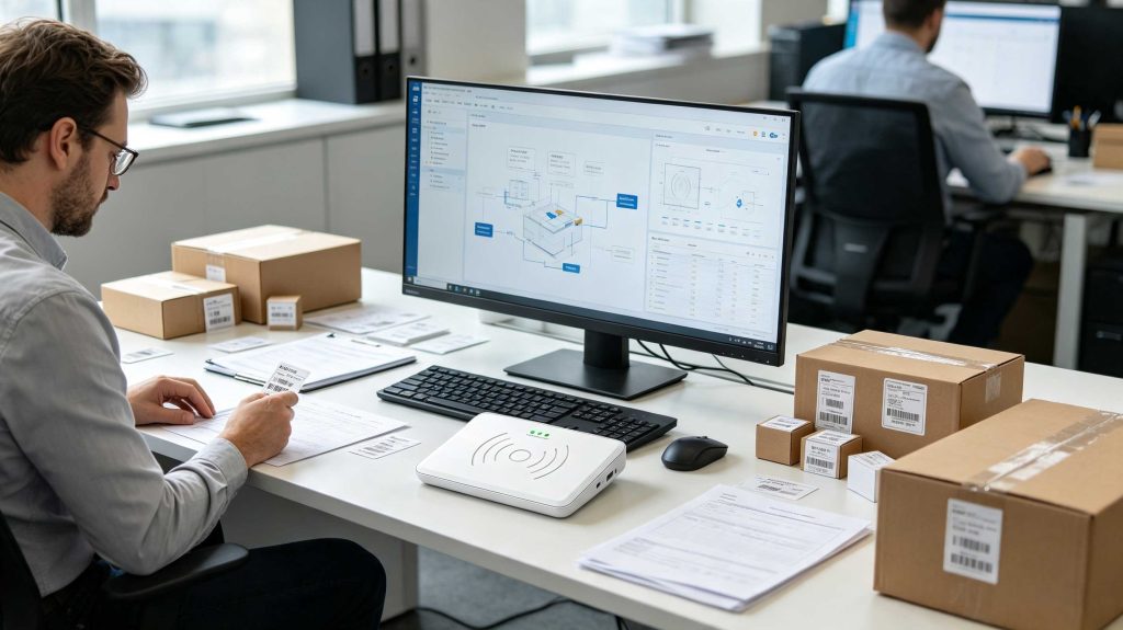 How to Read RFID Tags: Professional RFID Tag Reading Guide 2 Desktop RFID reader writing UHF RFID tags in a European enterprise workspace