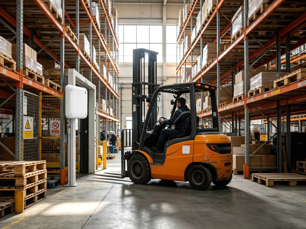 Forklift passing a UHF RFID tracking zone inside a modern European warehouse