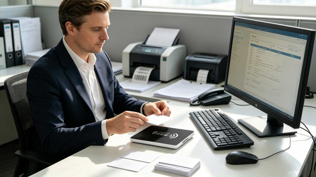 RFID card being programmed on a desktop RFID reader in a European office