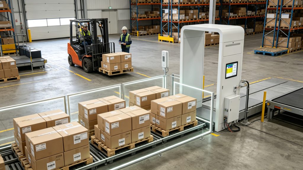 Fixed UHF RFID reader and antennas capturing tagged pallets in a European logistics warehouse