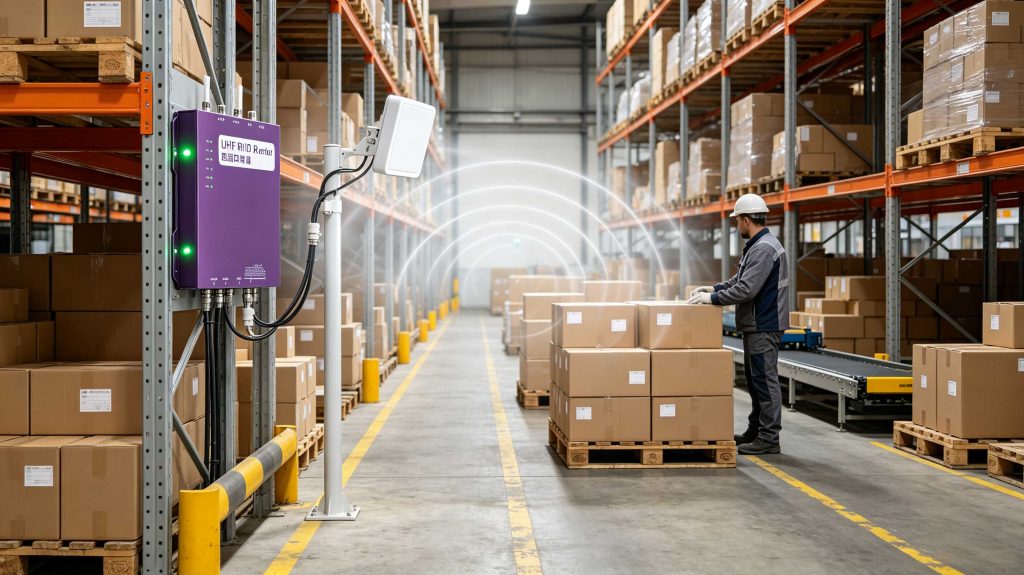 RFID reader communicating with tagged cartons in a European warehouse