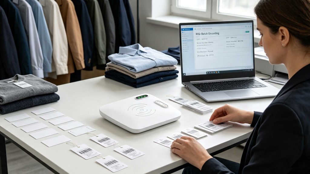 RFID tags being batch encoded and verified for retail inventory management