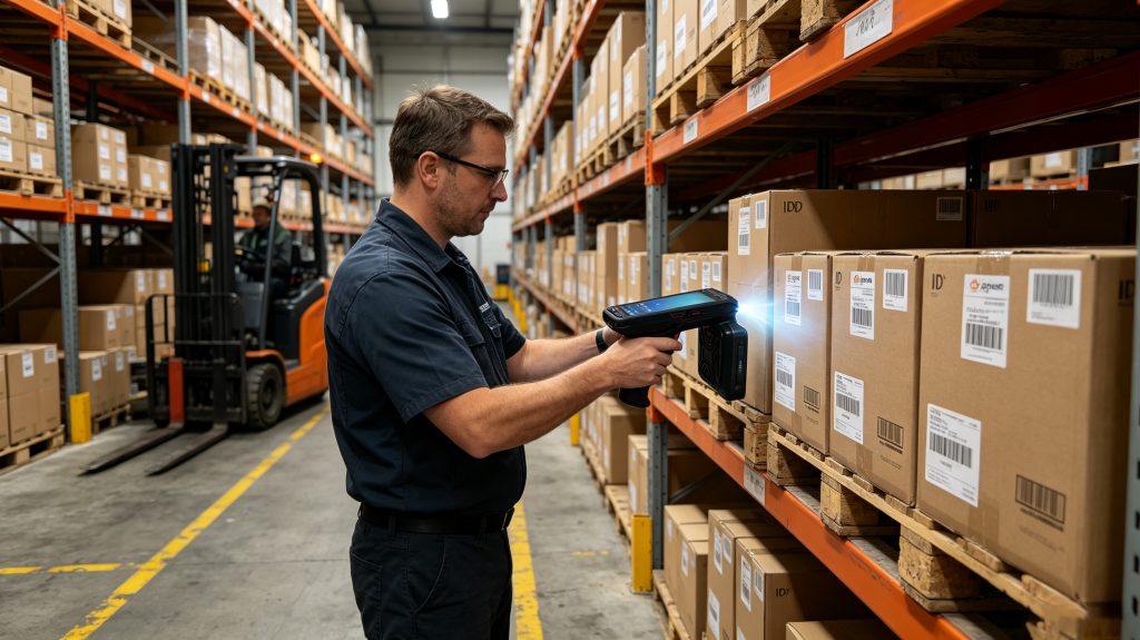 Warehouse operator using a handheld UHF RFID scanner to scan tagged cartons on storage racks