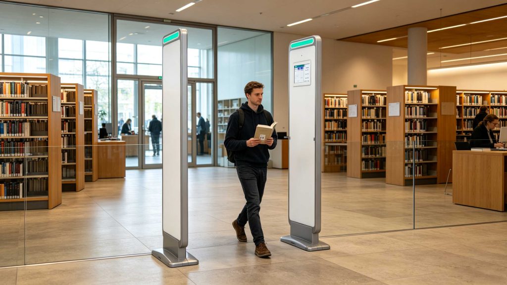 RFID theft prevention gate detecting tagged books at a modern European library entrance