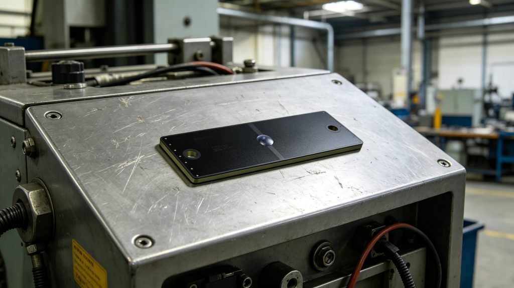 Rugged UHF RFID on-metal tag mounted on steel industrial equipment in a European factory