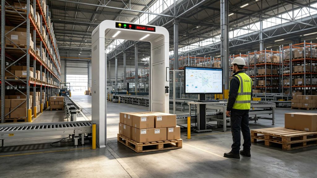 Cykeo integrated RFID portal reading RFID tagged pallets in a European smart warehouse