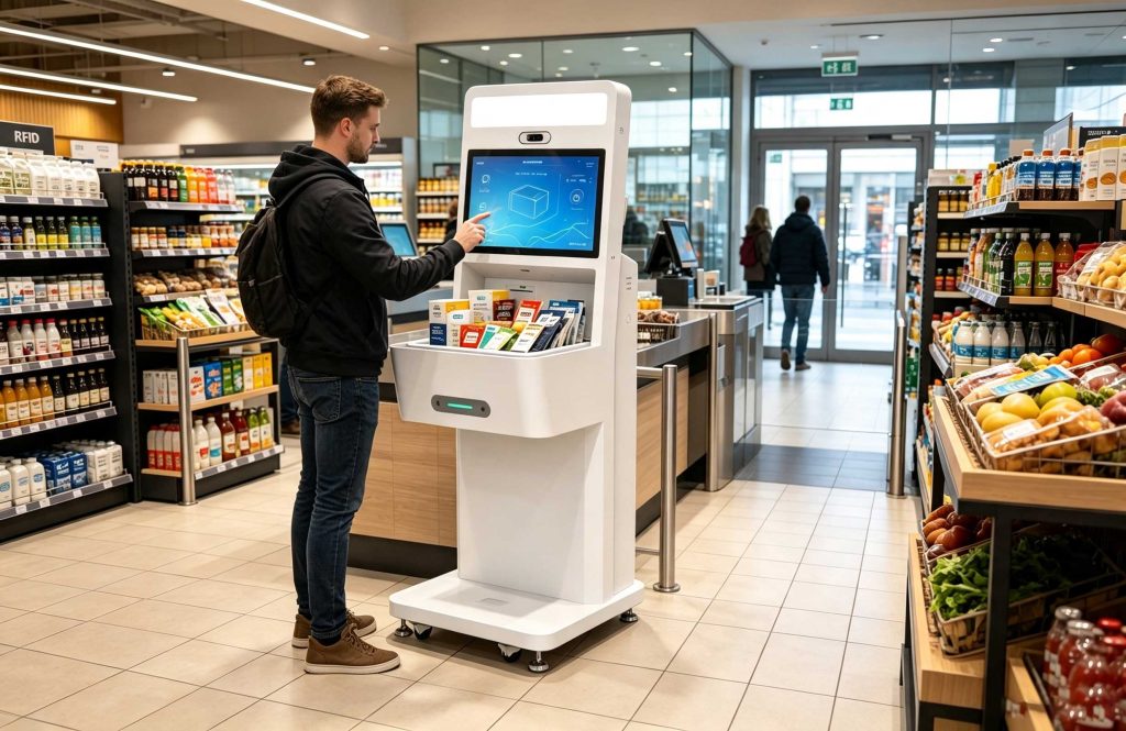 what does rfid mean in retail: How RFID Is Transforming Modern Retail Operations 1 RFID retail self checkout terminal scanning multiple tagged products in a modern European supermarket