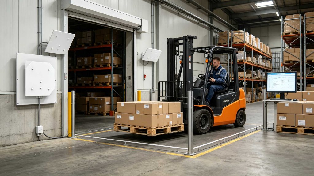 UHF RFID reader detecting tagged pallets at a European warehouse loading dock