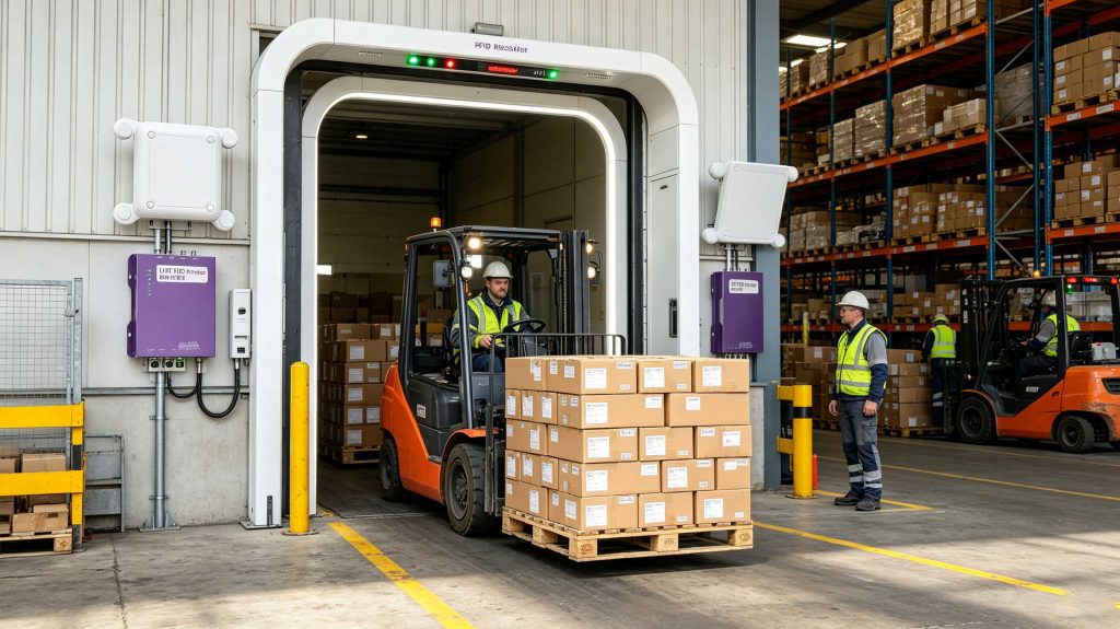 UHF RFID readers identifying tagged pallets at a European logistics warehouse dock