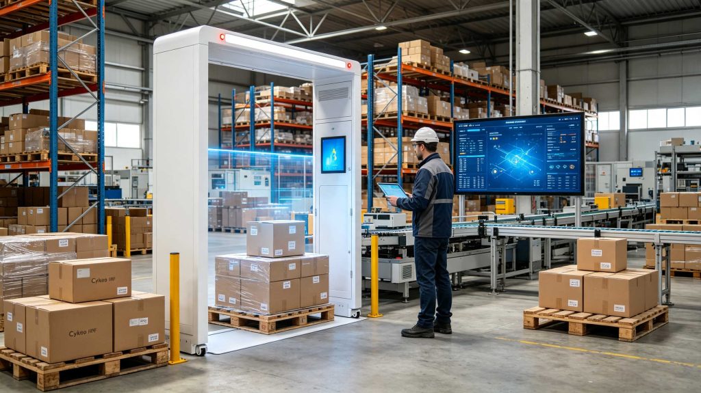 Cykeo RFID tags attached to warehouse products with RFID readers collecting inventory data
