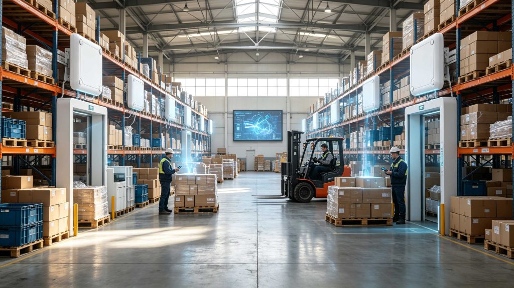 Warehouse using RFID technology to manage inventory with UHF RFID readers and tagged products