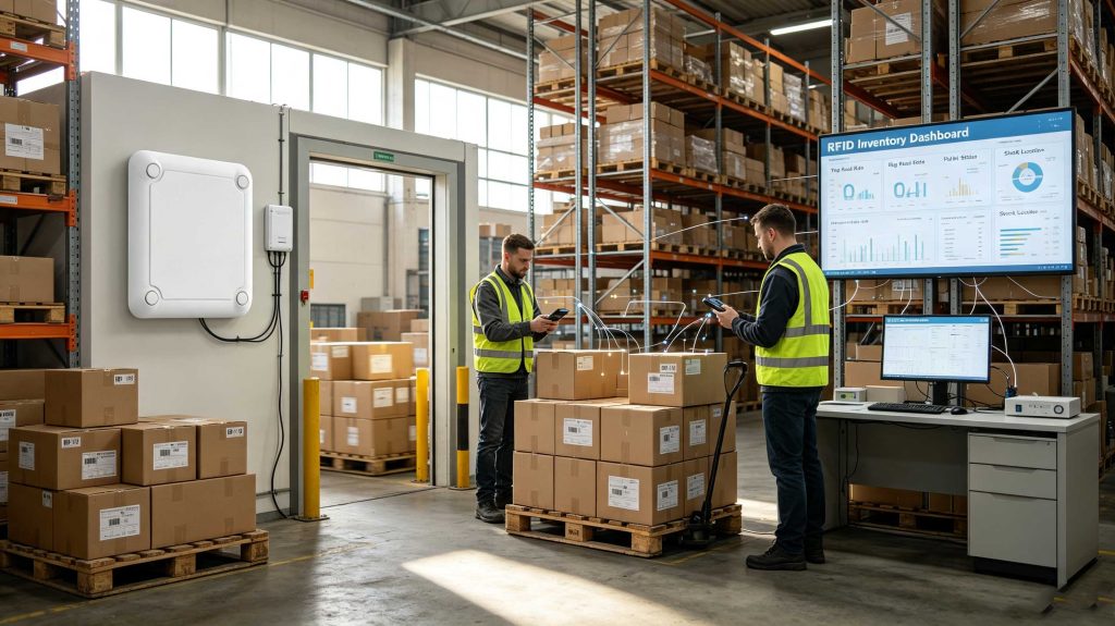 UHF RFID readers communicating with tagged products and an inventory management system