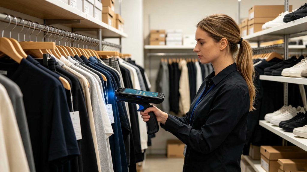 a rfid: What It Is, How It Works, and Where It Fits 1 UHF RFID reader scanning tagged clothing in a European retail stockroom