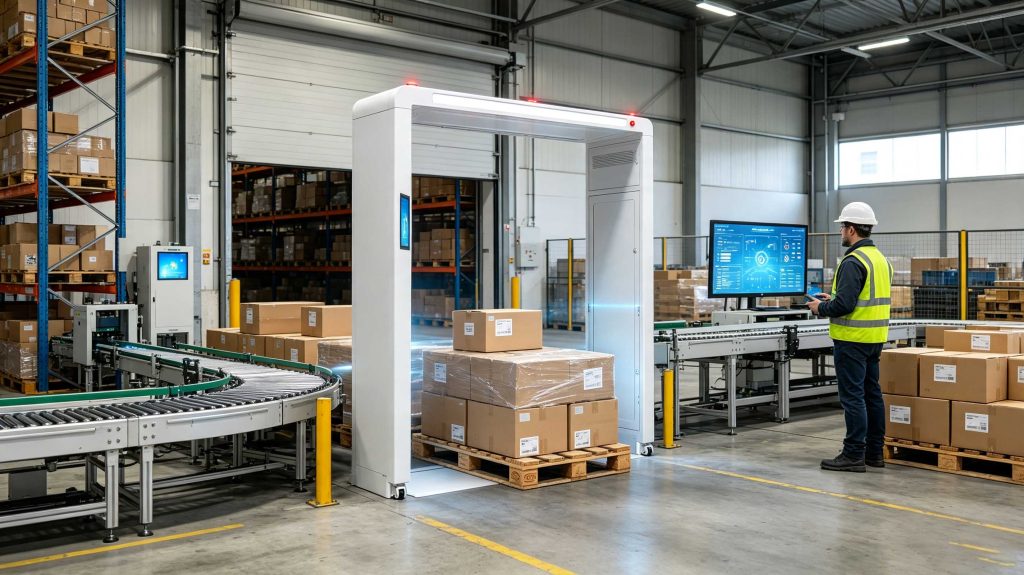 RFID reader portal scanning products with RFID tags in a modern warehouse