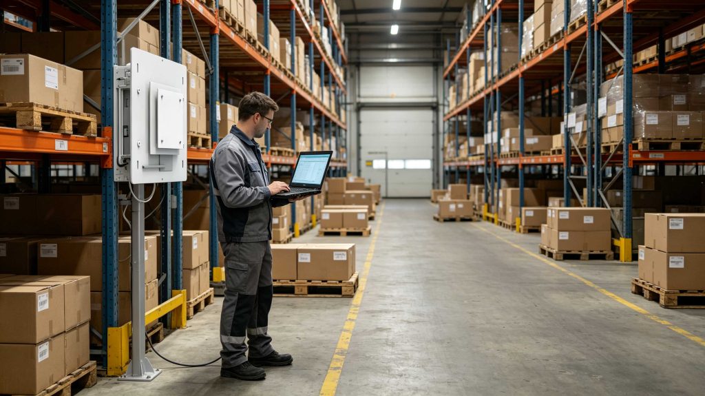 RFID engineer testing UHF RFID tag orientation and detection distance in a European logistics facility