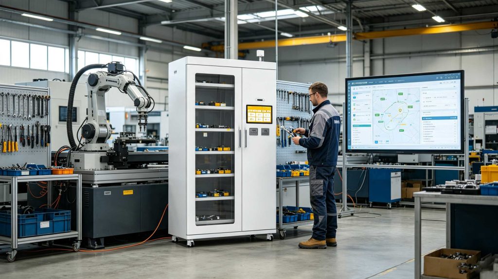 RFID asset tracking system monitoring industrial tools and equipment in a smart factory