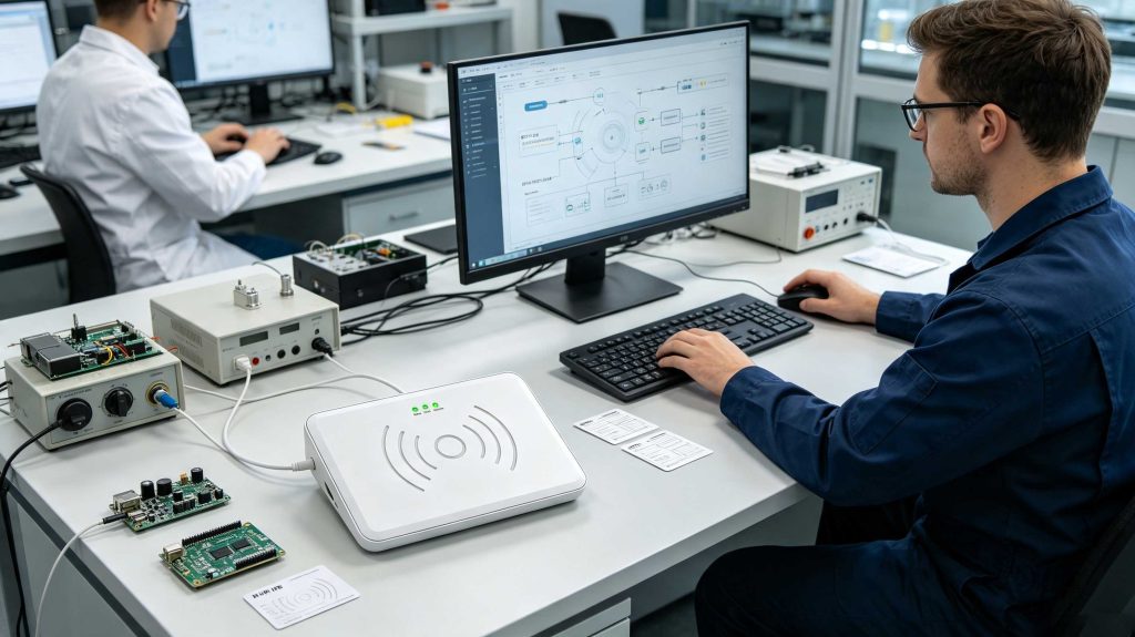 RFID software writing EPC data into UHF RFID tag memory using desktop RFID writer