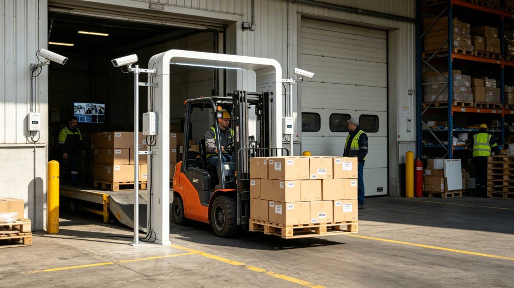 Fixed UHF RFID antennas reading a tagged pallet at a European warehouse loading dock