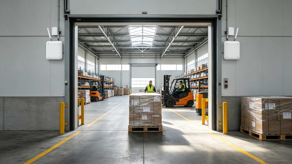 How Does RFID Location Tracking Work? 1 Fixed RFID readers tracking tagged pallets moving through a warehouse entrance